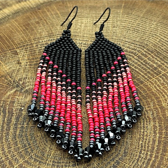 Seed Bead Fringe Dangle Earrings Watermelon Pink Gunmetal Black Glass Crystals - Picture 4 of 10